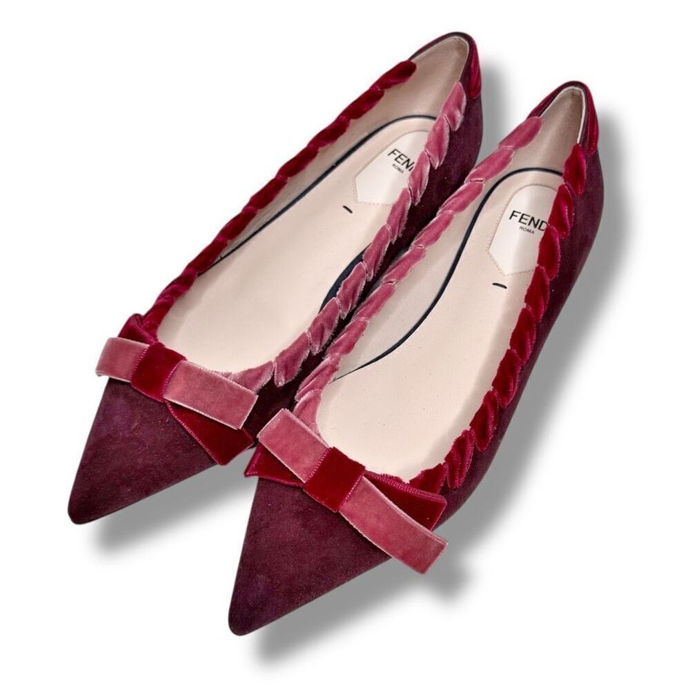 Fendi Burgundy Suede Velvet Ribbon Stitch Bow Pointed Toe Ballet Flats Size 38 - Picture 2 of 11